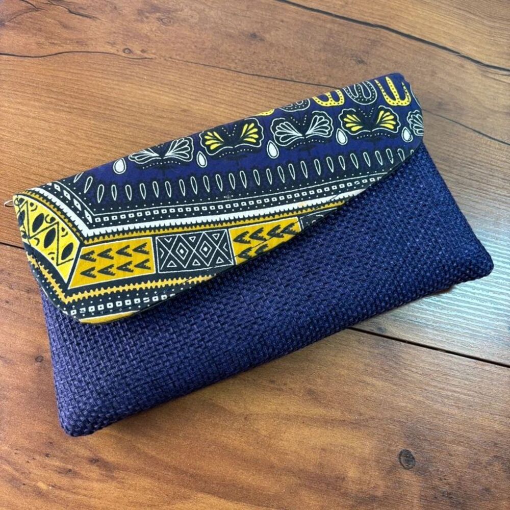 Ethnic African Dashiki Print Envelope Clutch Purse Purple Yellow Woven Tweed